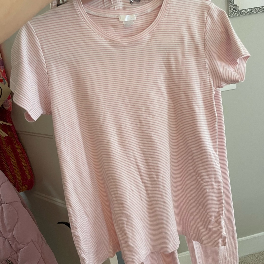 LAKE pajamas set in rose (pink) and white stripes. Pants and crew short sleeve.